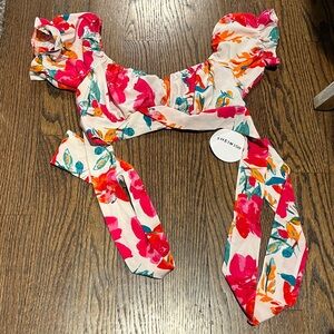 Shein Vacay Floral Crop Top with Puff Sleeves sz sm